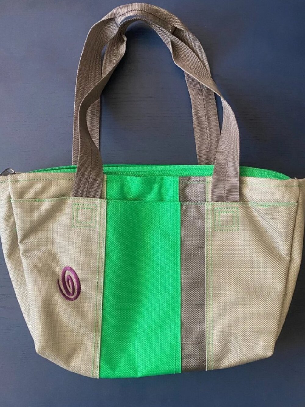 Timbuk2 Small Canvas Tote Bag Green Tan Grey Mini Travel Purse Zip Top Swirl